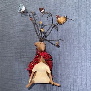 Vintage Handcrafted Reindeer Bird Perch with Colorful Birds & Bells